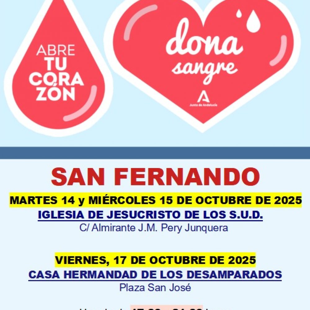 San Fernando se vuelca con la donación de sangre: la Hermandad de los Desamparados acogerá una jornada solidaria.